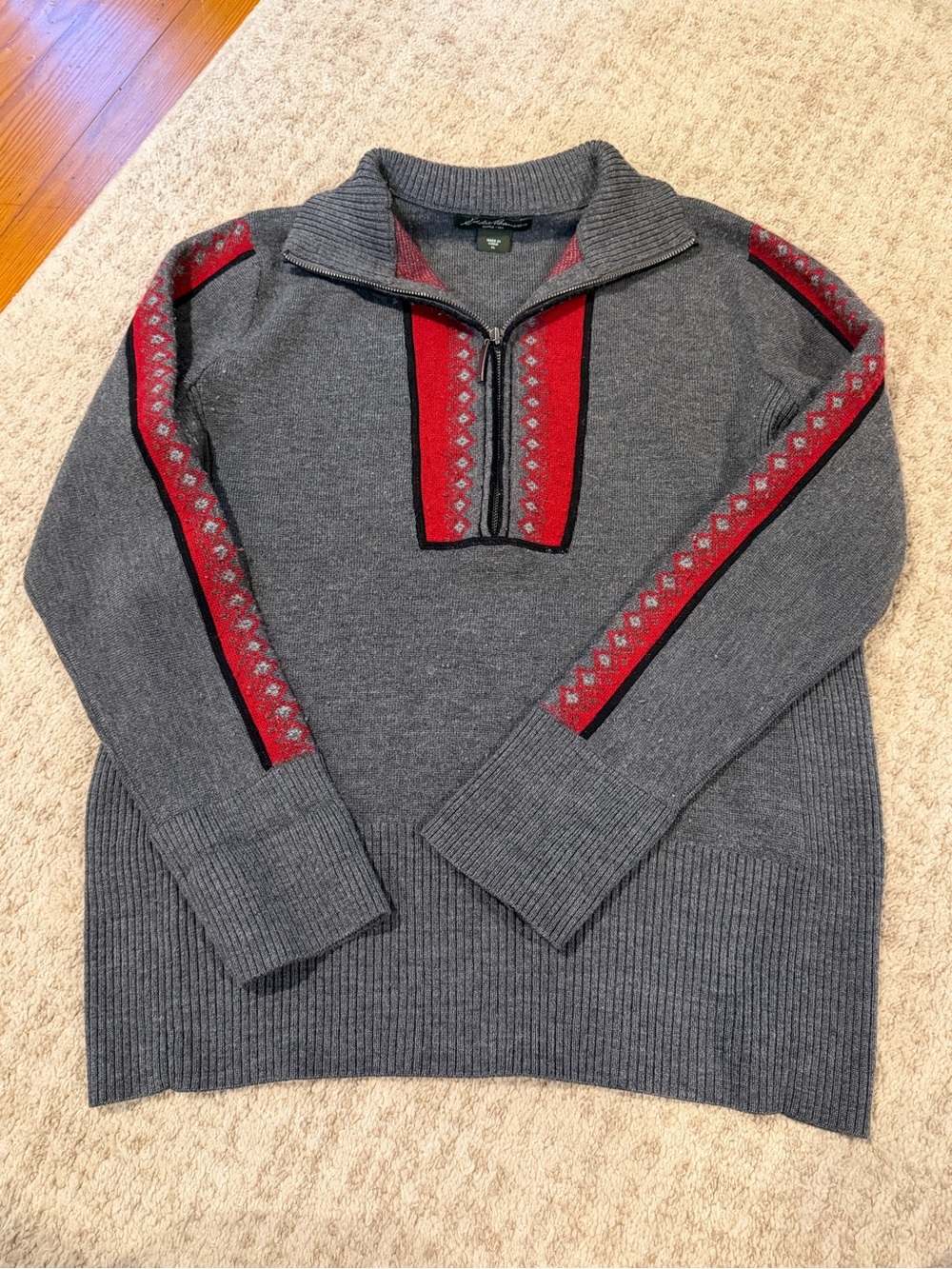 Eddie Bauer Gray Zip-Neck Sweater with Red Accent Stripes